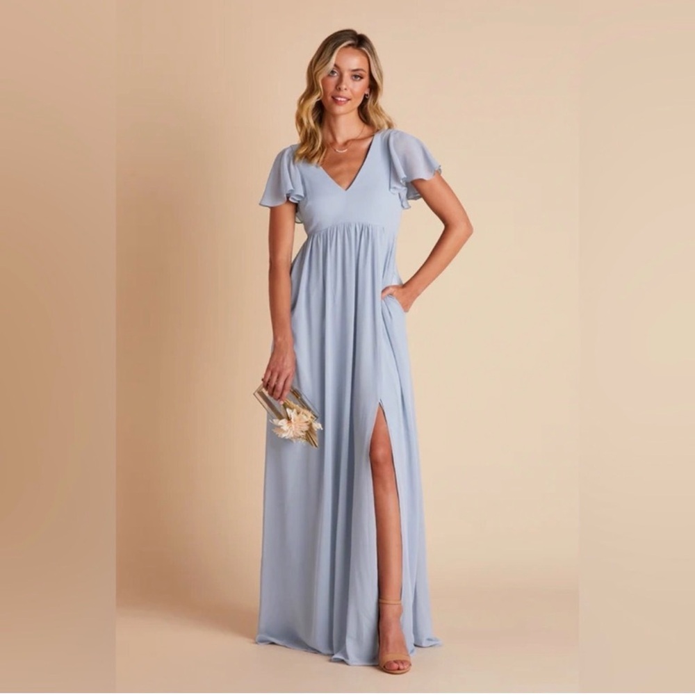 Birdy Grey HANNAH EMPIRE DRESS CHIFFON DUSTY BLUE MEDIUM NEW NWT BRIDESMAID Slit